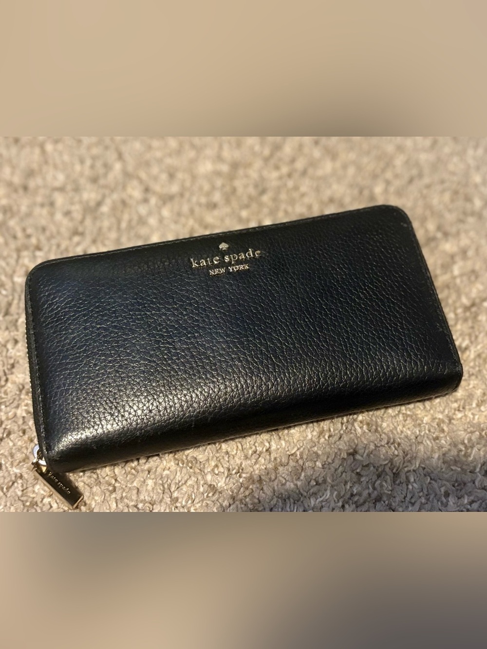 Kate Spade Black Leather Zip Wallet with Gold Toned Hardware